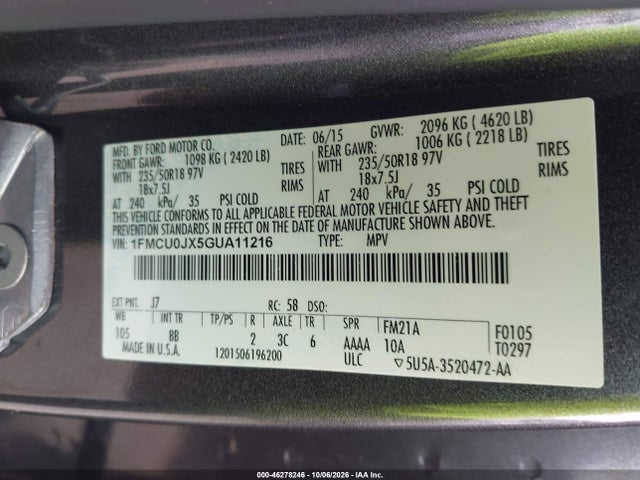 46278246 :رقم المزاد ، 1FMCU0JX5GUA11216 vin ، 2016 Ford Escape Titanium مزاد بيع