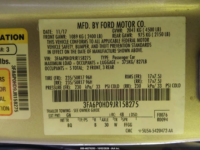 46278253 :رقم المزاد ، 3FA6P0HD9JR158275 vin ، 2018 Ford Fusion Se مزاد بيع