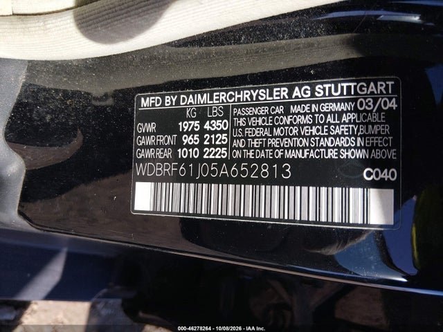 Aukcja sprzedaży 2005 Mercedes-benz C 240 Luxury, vin: WDBRF61J05A652813, numer aukcji: 46278264