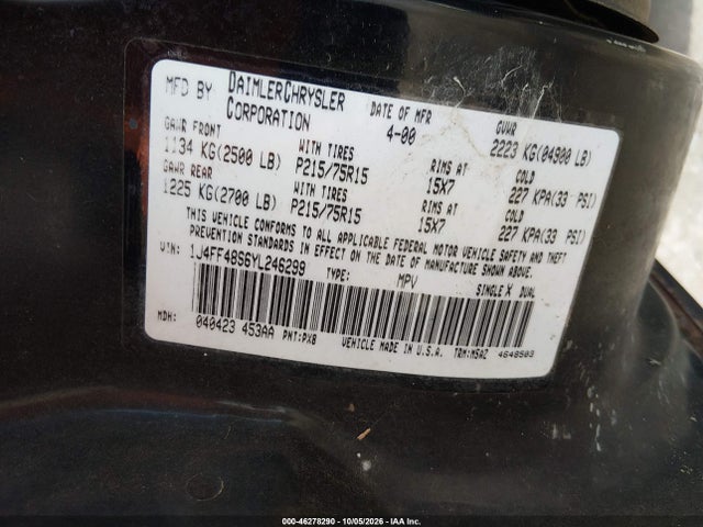Продаж на аукціоні авто 2000 Jeep Cherokee Sport, vin: 1J4FF48S6YL246299, номер лоту: 46278290