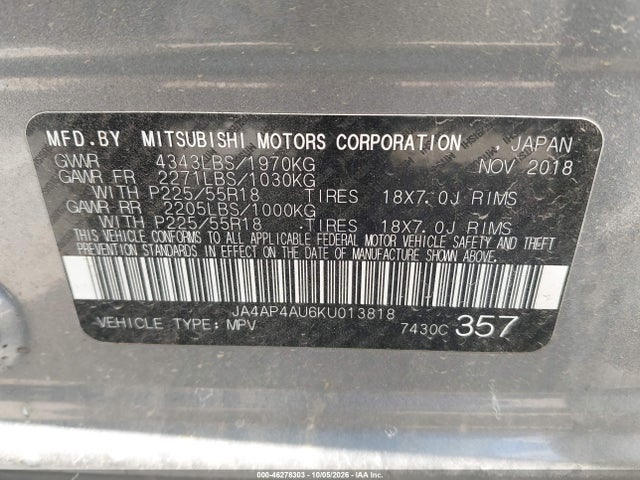 46278303 :رقم المزاد ، JA4AP4AU6KU013818 vin ، 2019 Mitsubishi Outlander Sport 2.0 Se مزاد بيع