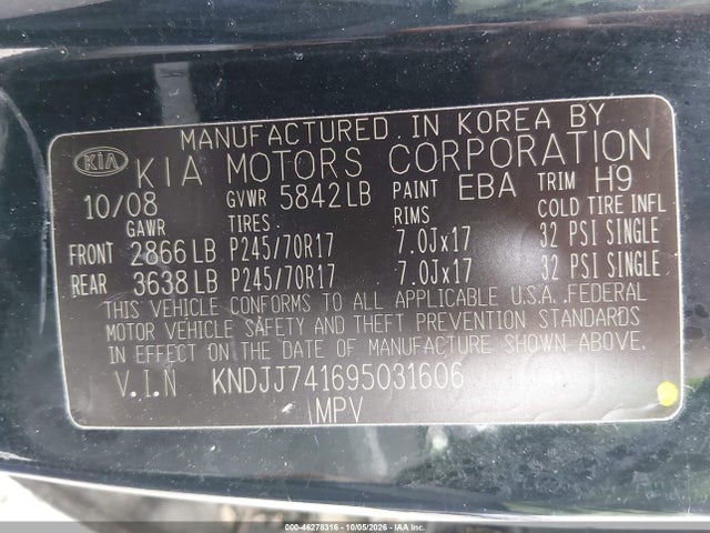 Продаж на аукціоні авто 2009 Kia Borrego Lx, vin: KNDJJ741695031606, номер лоту: 46278316