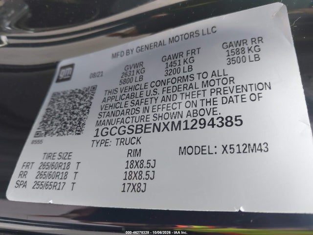 Aukcja sprzedaży 2021 Chevrolet Colorado 2wd  Short Box Wt, vin: 1GCGSBENXM1294385, numer aukcji: 46278328