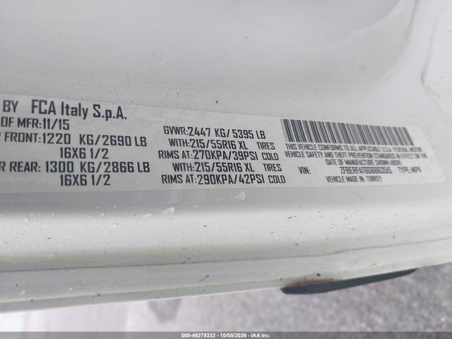 46278332 :رقم المزاد ، ZFBERFAT6G6B63515 vin ، 2016 Ram Promaster City Tradesman مزاد بيع