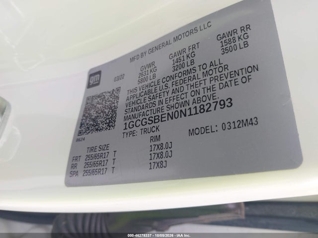Aukcja sprzedaży 2022 Chevrolet Colorado 2wd  Short Box Wt, vin: 1GCGSBEN0N1182793, numer aukcji: 46278337
