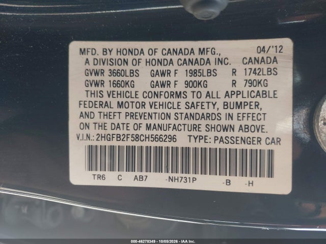 2012 Honda Civic Lx მანქანა იყიდება აუქციონზე, vin: 2HGFB2F58CH566296, აუქციონის ნომერი: 46278349