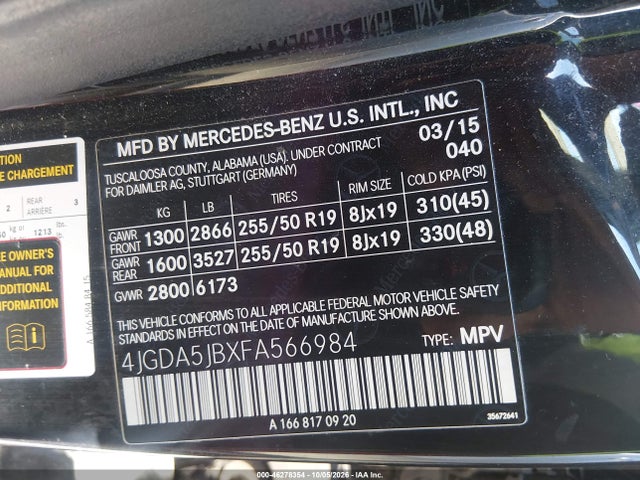 Продажа на аукционе авто 2015 Mercedes-benz Ml 350, vin: 4JGDA5JBXFA566984, номер лота: 46278354