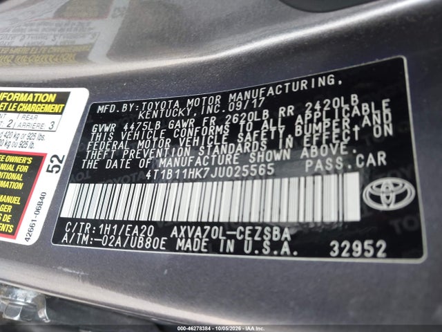 2018 Toyota Camry Se მანქანა იყიდება აუქციონზე, vin: 4T1B11HK7JU025565, აუქციონის ნომერი: 46278384