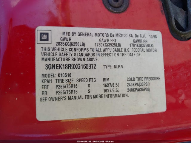 Aukcja sprzedaży 1999 Chevrolet Tahoe, vin: 3GNEK18R9XG165972, numer aukcji: 46278385