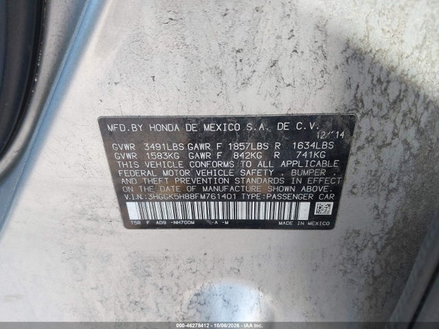 46278412 :رقم المزاد ، 3HGGK5H88FM761401 vin ، 2015 Honda Fit Ex/ex-l مزاد بيع