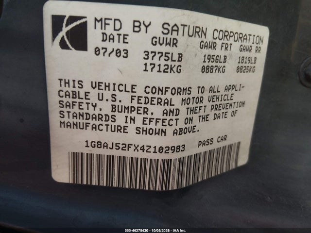 2004 Saturn Ion 2 მანქანა იყიდება აუქციონზე, vin: 1G8AJ52FX4Z102983, აუქციონის ნომერი: 46278430
