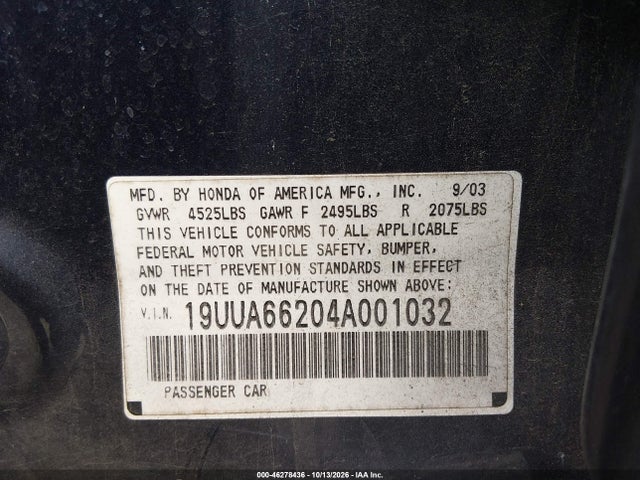 Продажа на аукционе авто 2004 Acura Tl, vin: 19UUA66204A001032, номер лота: 46278436