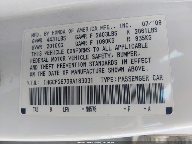 46278446 :رقم المزاد ، 1HGCP26709A183031 vin ، 2009 Honda Accord 2.4 Ex مزاد بيع