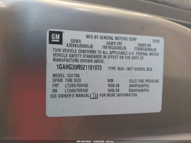 46278458 :رقم المزاد ، 1GAHG39R921181073 vin ، 2002 Chevrolet Express مزاد بيع