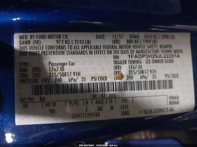 Продажа на аукционе авто 2018 Ford Focus Sel, vin: 1FADP3H29JL222014, номер лота: 46278463