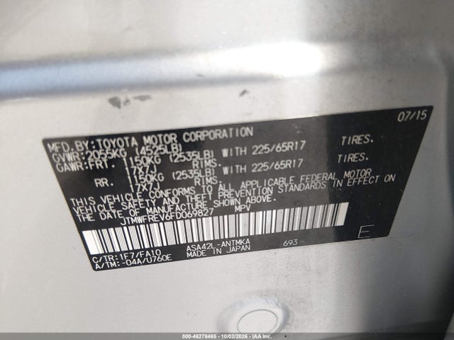 46278465 :رقم المزاد ، JTMWFREV6FD069827 vin ، 2015 Toyota Rav4 Xle مزاد بيع