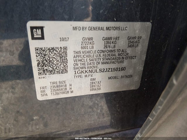 46278474 :رقم المزاد ، 1GKKNULS2JZ150160 vin ، 2018 Gmc Acadia Slt-1 مزاد بيع