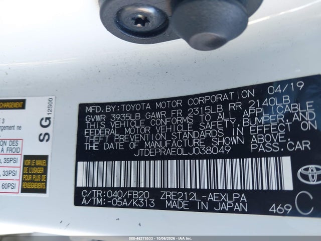 Aukcja sprzedaży 2020 Toyota Corolla Le, vin: JTDEPRAE0LJ038049, numer aukcji: 46278533