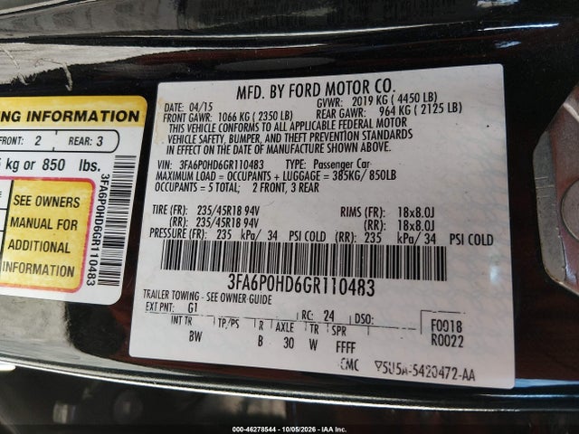 2016 Ford Fusion Se მანქანა იყიდება აუქციონზე, vin: 3FA6P0HD6GR110483, აუქციონის ნომერი: 46278544