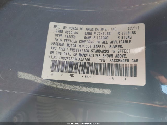 Продаж на аукціоні авто 2015 Honda Accord Lx, vin: 1HGCR2F35FA257661, номер лоту: 46278561