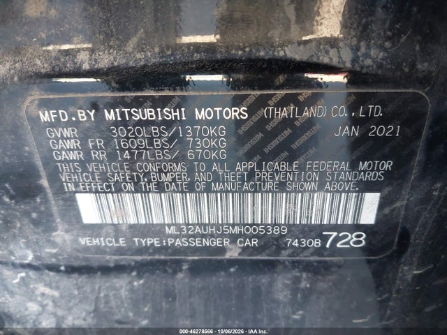 Продаж на аукціоні авто 2021 Mitsubishi Mirage Carbonite Edition/es/le, vin: ML32AUHJ5MH005389, номер лоту: 46278566