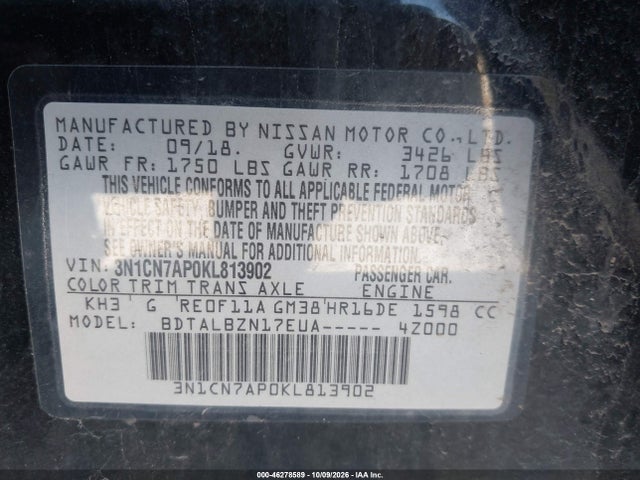 Aukcja sprzedaży 2019 Nissan Versa 1.6 Sv, vin: 3N1CN7AP0KL813902, numer aukcji: 46278589