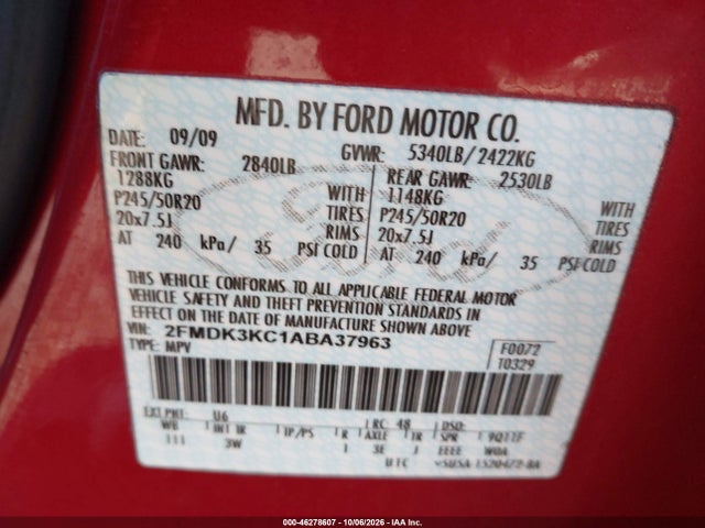 Продаж на аукціоні авто 2010 Ford Edge Limited, vin: 2FMDK3KC1ABA37963, номер лоту: 46278607