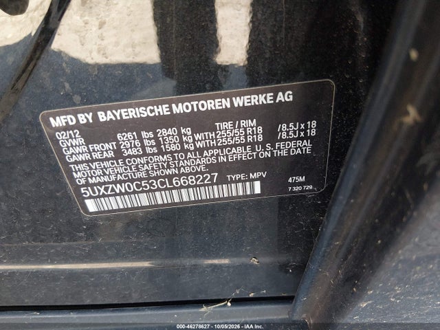 46278627 :رقم المزاد ، 5UXZW0C53CL668227 vin ، 2012 Bmw X5 Xdrive35d مزاد بيع