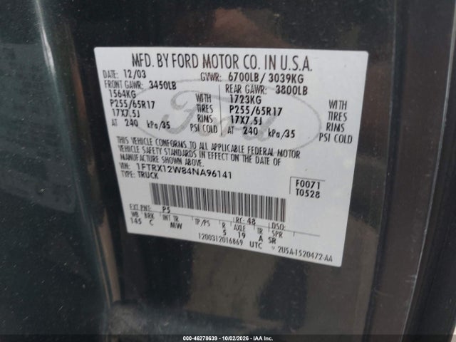46278639 :رقم المزاد ، 1FTRX12W84NA96141 vin ، 2004 Ford F-150 Stx/xl/xlt مزاد بيع