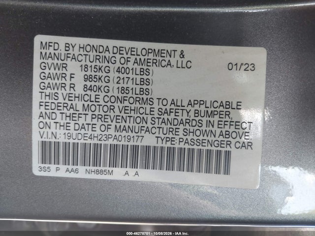 Продаж на аукціоні авто 2023 Acura Integra, vin: 19UDE4H23PA019177, номер лоту: 46278701