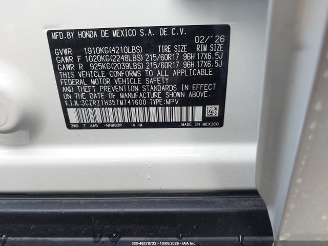 2026 Honda Hr-v 2wd Lx მანქანა იყიდება აუქციონზე, vin: 3CZRZ1H35TM741600, აუქციონის ნომერი: 46278722