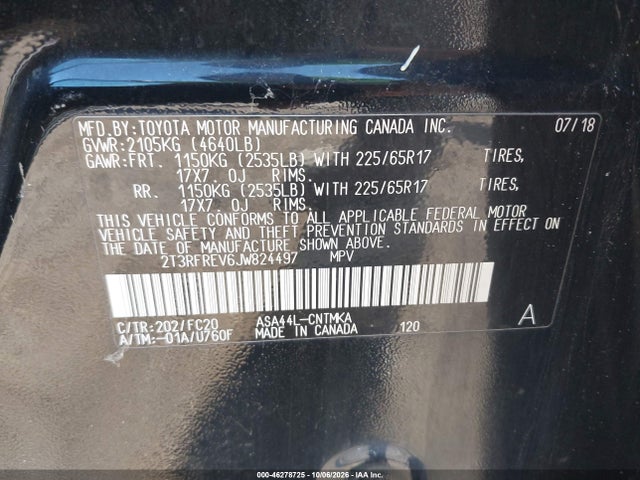 Aukcja sprzedaży 2018 Toyota Rav4 Xle, vin: 2T3RFREV6JW824497, numer aukcji: 46278725