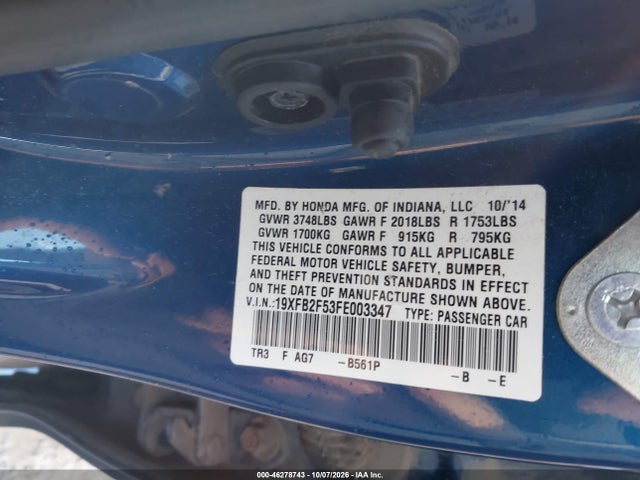 Продаж на аукціоні авто 2015 Honda Civic Lx, vin: 19XFB2F53FE003347, номер лоту: 46278743