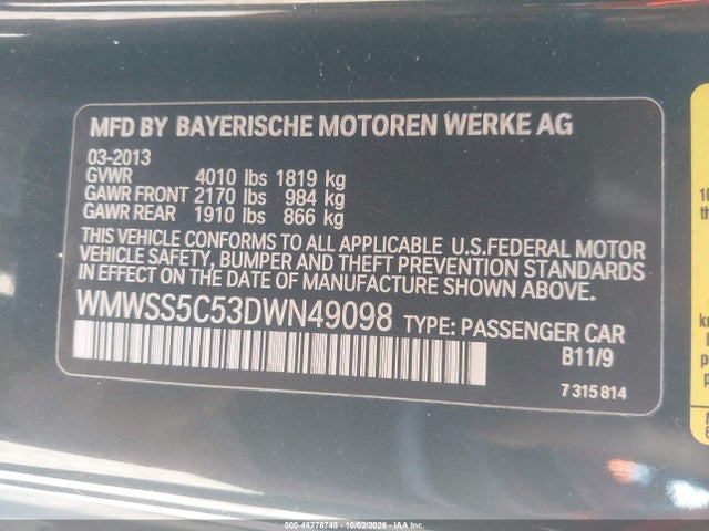 46278748 :رقم المزاد ، WMWSS5C53DWN49098 vin ، 2013 Mini Paceman Cooper S مزاد بيع