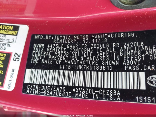 Продаж на аукціоні авто 2019 Toyota Camry Se, vin: 4T1B11HK7KU189612, номер лоту: 46278749