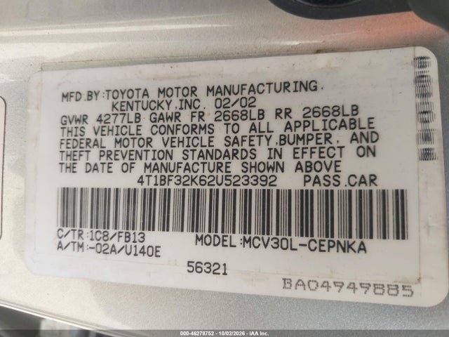 Aukcja sprzedaży 2002 Toyota Camry Le V6, vin: 4T1BF32K62U523392, numer aukcji: 46278752