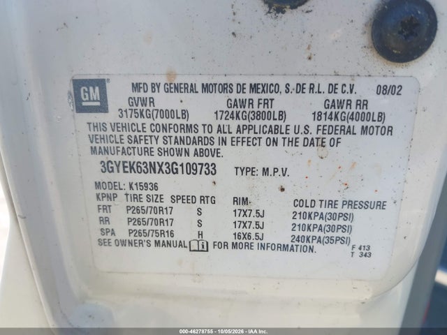 Aukcja sprzedaży 2003 Cadillac Escalade Ext Standard, vin: 3GYEK63NX3G109733, numer aukcji: 46278755