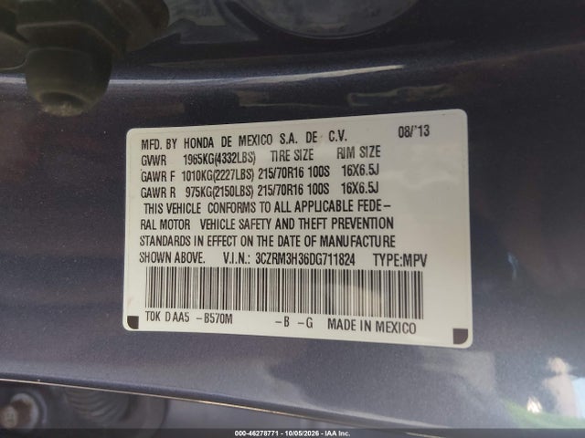 2013 Honda Cr-v Lx მანქანა იყიდება აუქციონზე, vin: 3CZRM3H36DG711824, აუქციონის ნომერი: 46278771