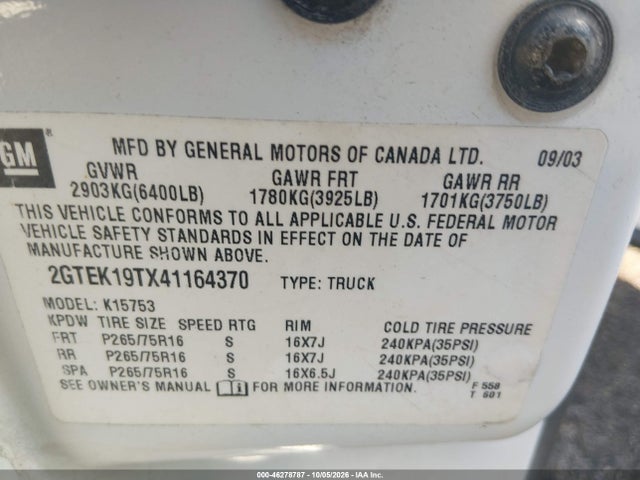 2004 Gmc Sierra 1500 Sle მანქანა იყიდება აუქციონზე, vin: 2GTEK19TX41164370, აუქციონის ნომერი: 46278787