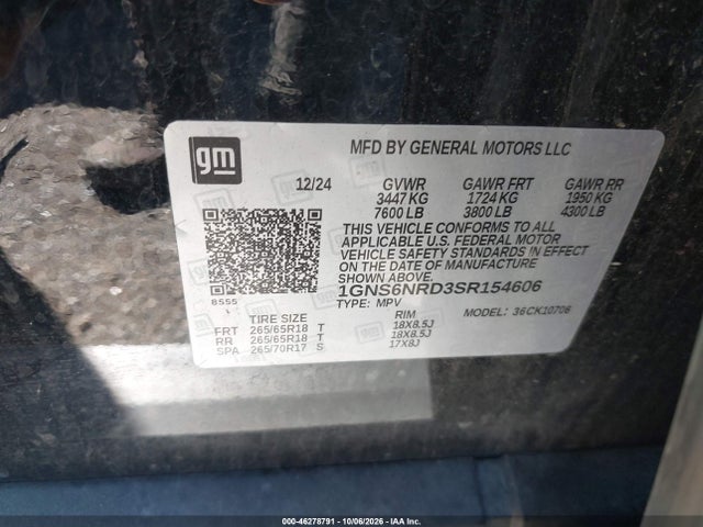 Aukcja sprzedaży 2025 Chevrolet Tahoe 4wd Lt, vin: 1GNS6NRD3SR154606, numer aukcji: 46278791
