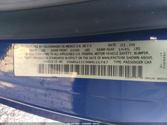 Aukcja sprzedaży 2008 Volkswagen New Beetle S/se, vin: 3VWRG31C98M516747, numer aukcji: 46278801