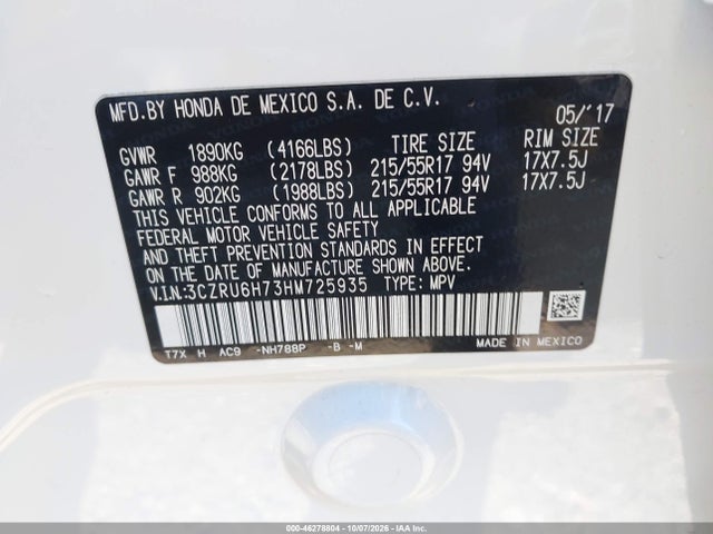 46278804 :رقم المزاد ، 3CZRU6H73HM725935 vin ، 2017 Honda Hr-v Ex-l مزاد بيع