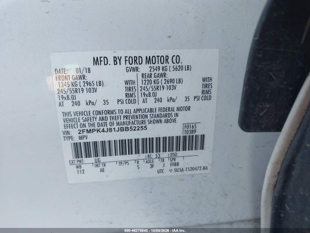 2018 Ford Edge Sel მანქანა იყიდება აუქციონზე, vin: 2FMPK4J81JBB52255, აუქციონის ნომერი: 46278845