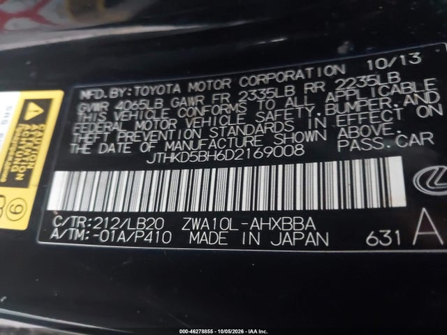Продаж на аукціоні авто 2013 Lexus Ct 200h, vin: JTHKD5BH6D2169008, номер лоту: 46278855