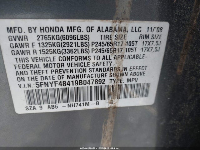 2009 Honda Pilot Ex მანქანა იყიდება აუქციონზე, vin: 5FNYF48419B047892, აუქციონის ნომერი: 46278856