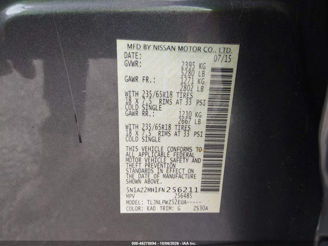 2015 Nissan Murano S მანქანა იყიდება აუქციონზე, vin: 5N1AZ2MH1FN256211, აუქციონის ნომერი: 46278894