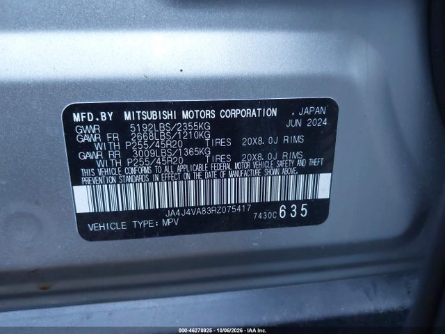 2024 Mitsubishi Outlander Se 2.5 S-awc/se Black Edition S-awc/se Black Edition W/pano Roof S-awc/se Ralliart S-awc მანქანა იყიდება აუქციონზე, vin: JA4J4VA83RZ075417, აუქციონის ნომერი: 46278925