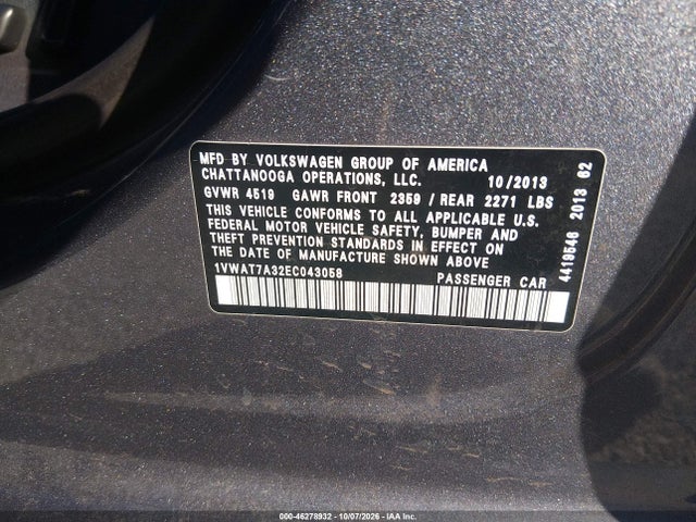 Продажа на аукционе авто 2014 Volkswagen Passat 1.8t Wolfsburg Edition, vin: 1VWAT7A32EC043058, номер лота: 46278932