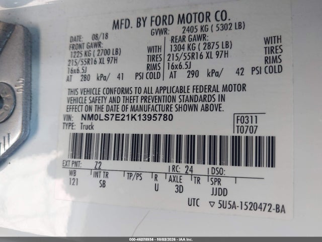 46278934 :رقم المزاد ، NM0LS7E21K1395780 vin ، 2019 Ford Transit Connect Xl مزاد بيع