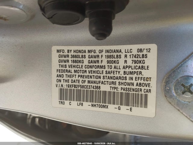 Aukcja sprzedaży 2012 Honda Civic Lx, vin: 19XFB2F58CE374368, numer aukcji: 46278940